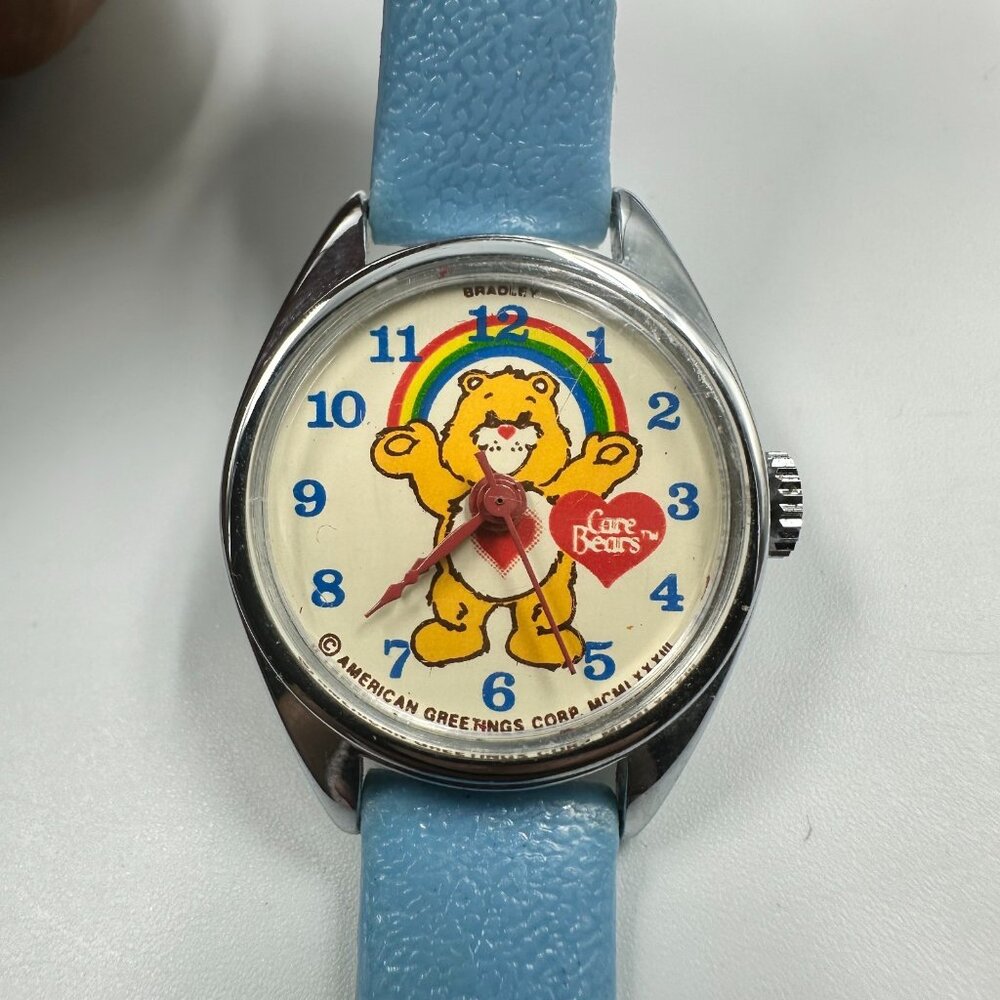 Vintage Bradley Care Bears Watch Kids Silver Tone Blue Leather Band Manual Wind